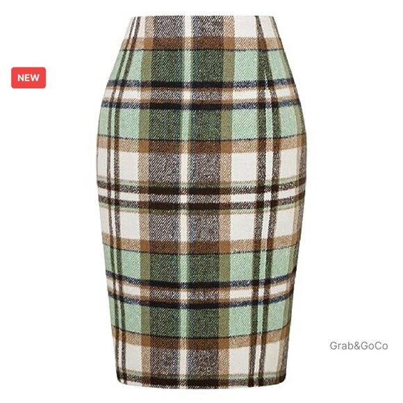 Wool Plaid Pencil Skirt Knee Length High Waist Back Slit Business Casual - Picture 2 of 8